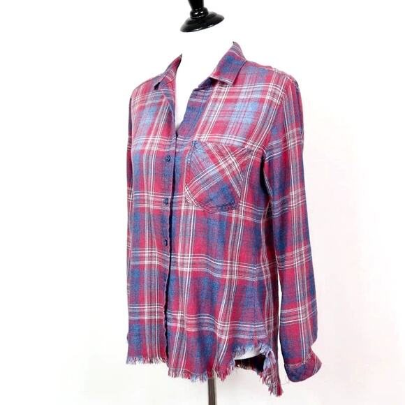 Anthropologie Size S Classic Button Up Shirt Flannel Plaid Red Blue - Picture 1 of 10